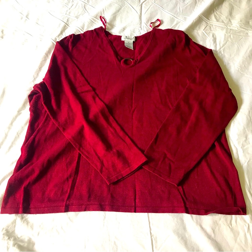 Jessica Plus Red Sweater Top V-Neck with Ring Long Sleeve Size 2X